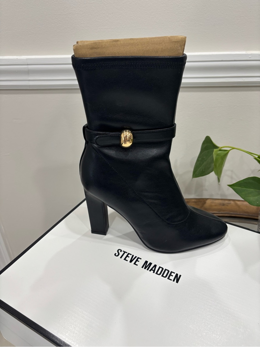 Steve Madden Black Leather Mid-Calf Heel Boot with Gold Accent